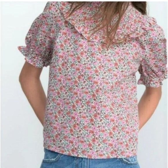 ZARA Cotton Smock Ruffle Floral Print Poplin Blouse Shortsleeve Elastic S Pink - Picture 7 of 12